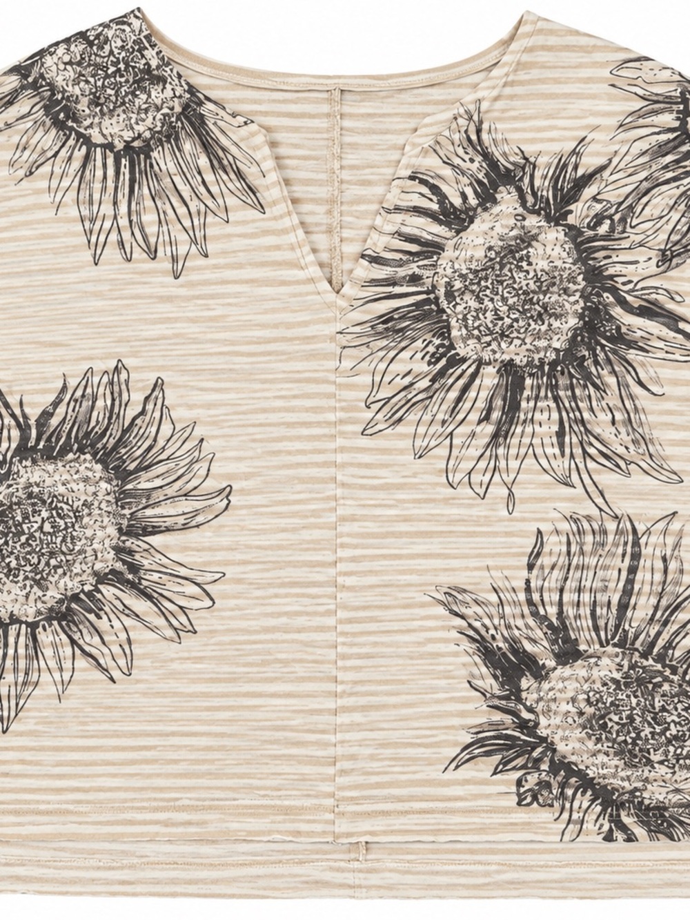 Pilcro Beige Striped Split-Neck Top with Black Sunflower Sketches